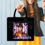 Personalized Purple and White Stripes Cartoon Character Black Linen Tote Bag with Name Halloween Party Gift for Boys Girls Women