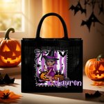 Personalized Purple and White Stripes Cartoon Character Black Linen Tote Bag with Name Halloween Party Gift for Boys Girls Women