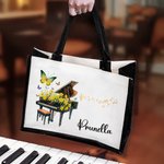 Personalized Birth Flower Piano Canvas Large Tote Bag with Name Daily Travel Essentials Birthday Gift for Women Music Lovers