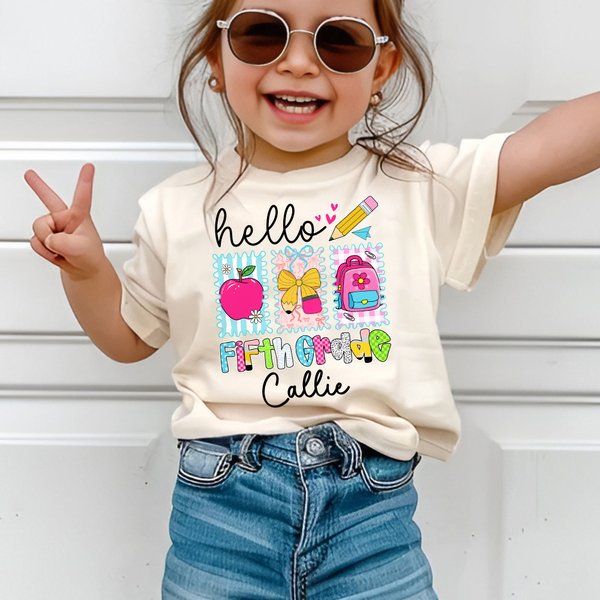 Personalized Hello Apple Pencil Bow Soft Kid Adult 100% Cotton T-shirt with Name and Grade Back to School First Day of School Gift for Kids Teachers