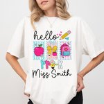 Personalized Hello Apple Pencil Bow Soft Kid Adult 100% Cotton T-shirt with Name and Grade Back to School First Day of School Gift for Kids Teachers