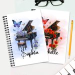 Personalized Birth Flower Piano A5 Spiral Notebook with Name Anniversary Birthday Gift for Women Music Lovers