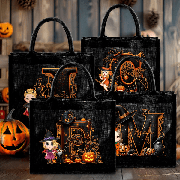 Personalisierte Cartoon Hexe Charakter Kürbis schwarz Leinen Tote Tasche mit Namen und Initialen Halloween Party Geschenk für Jungen Mädchen