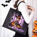 Personalized Purple and White Stripes Cartoon Character Black Linen Tote Bag with Name Halloween Party Gift for Boys Girls Women
