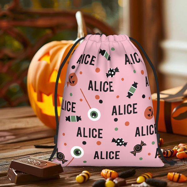 Personalizzato Candy Eyeball Pumpkin Lollipop Riutilizzabile Borsa con coulisse con nome Grande capacità Treat Gift Bag Halloween Holiday Gift per bambini
