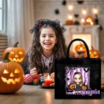 Personalized Purple and White Stripes Cartoon Character Black Linen Tote Bag with Name Halloween Party Gift for Boys Girls Women
