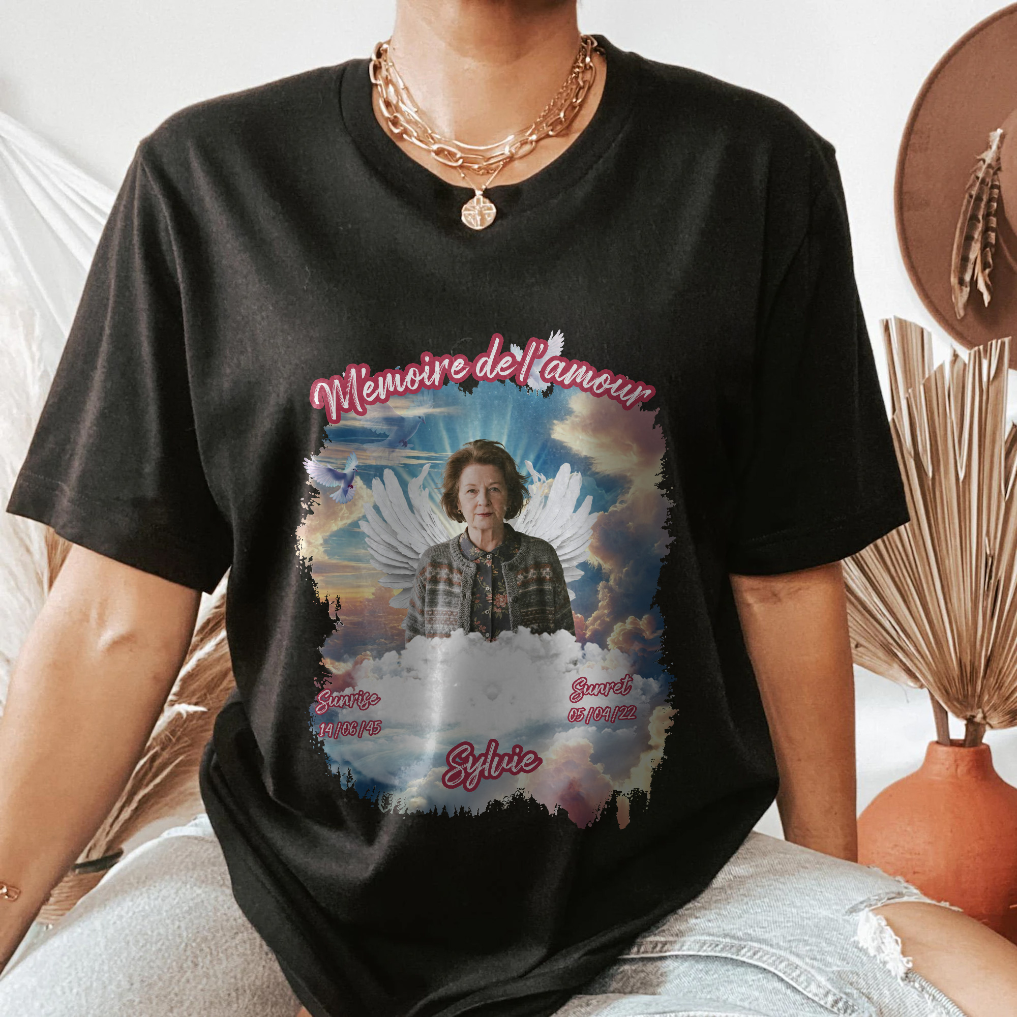 T-shirt ou Sweatshirt Commémoratif Personnalisé avec Date Texte Nom et Photo Style des Ailes Cadeau pour Commémorer la Perte d'un Être Cher