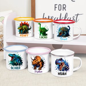 Personalised Splash-Ink Dinosaur 355ml Enamel Mug with Name Daily Use Birthday Gift for Kids Dinosaur Lovers