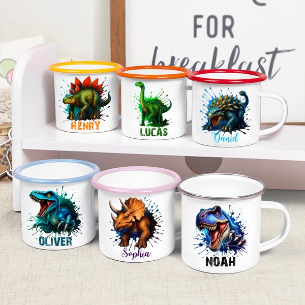 Personalized Splash-Ink Dinosaur 12 oz Enamel Mug with Name Daily Use Birthday Gift for Kids Dinosaur Lovers