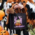 Personalized Purple and White Stripes Cartoon Character Black Linen Tote Bag with Name Halloween Party Gift for Boys Girls Women
