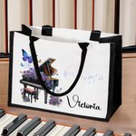 Personalized Birth Flower Piano Canvas Large Tote Bag with Name Daily Travel Essentials Birthday Gift for Women Music Lovers