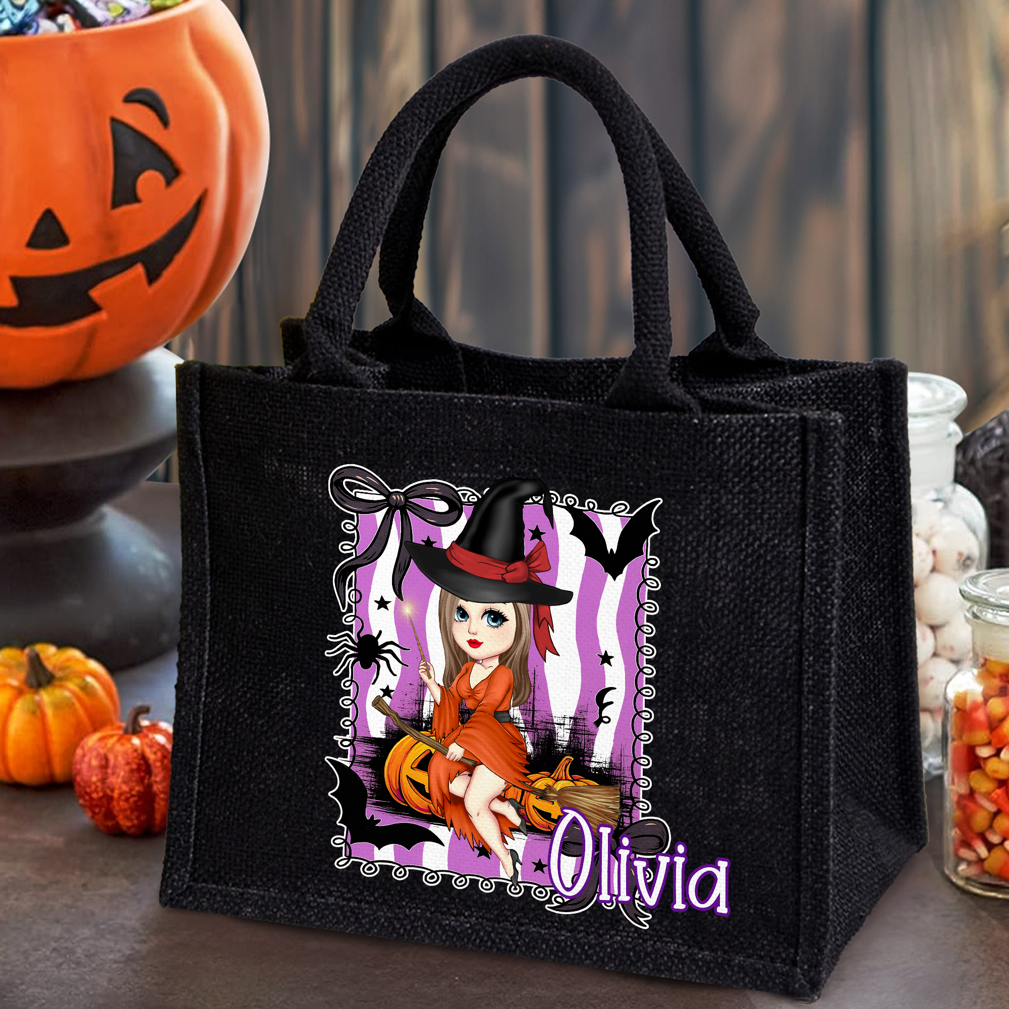 Personnalisé Violet et Blanc Rayures Cartoon Character Black Linen Tote Bag with Name Halloween Party Gift for Boys Girls Women