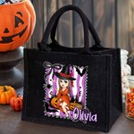 Personalized Purple and White Stripes Cartoon Character Black Linen Tote Bag with Name Halloween Party Gift for Boys Girls Women