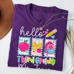 Personalized Hello Apple Pencil Bow Soft Kid Adult 100% Cotton T-shirt with Name and Grade Back to School First Day of School Gift for Kids Teachers