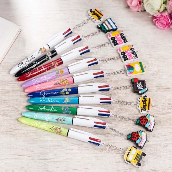 Personalised Birth Flower 4 in 1 Retractable Ball Pen with Cute Charm and Name Teacher's Day Back to School Birthday Gift for Teacher