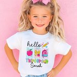 Personalized Hello Apple Pencil Bow Soft Kid Adult 100% Cotton T-shirt with Name and Grade Back to School First Day of School Gift for Kids Teachers