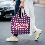 Personalised Colourful Vintage Striped Checkered Large Reusable Canvas Tote Bag with Name Travel Daily Use Birthday Gift for Women