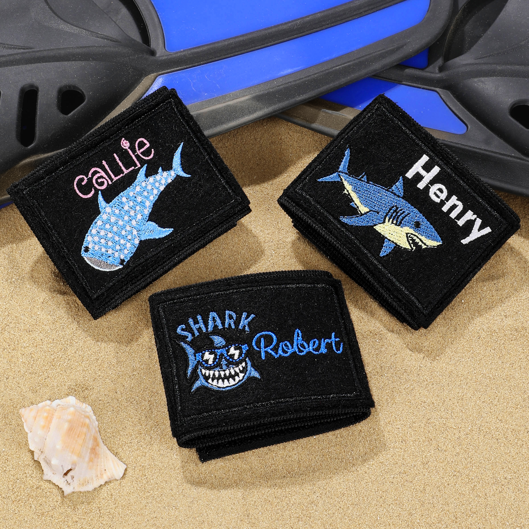 Étiquette d'Identification à Velcro Personnalisé avec Nom et Motif de Requin Brodés Accessoire de Plongée Cadeau Anniversaire Vacances d'Été