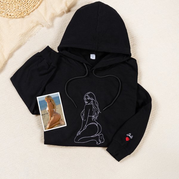 Personalised Embroidered Chic Photo Portrait Outline T-shirt Sweatshirt Hoodie with Text Anniversary Bachelorette Party Birthday Gift for Men Lovers