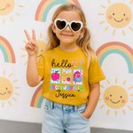 Personalized Hello Apple Pencil Bow Soft Kid Adult 100% Cotton T-shirt with Name and Grade Back to School First Day of School Gift for Kids Teachers