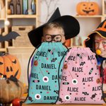 Personalized Candy Eyeball Pumpkin Lollipop Reusable Drawstring Bag with Name Large Capacity Treat Gift Bag Halloween Holiday Gift for Kids