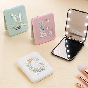 Personalised Floral Initial LED Double-Sided Makeup Mirror with Name Birthday Wedding Anniversary Gift for Women Girls