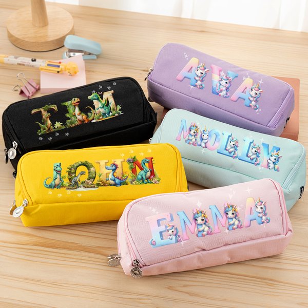 Personalised Cute Dinosaur Fantasy Unicorn Pencil Case with Name Multiple Compartments School Supplies Back to School Birthday Gift for Kids