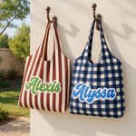 Personalised Colourful Vintage Striped Checkered Large Reusable Canvas Tote Bag with Name Travel Daily Use Birthday Gift for Women