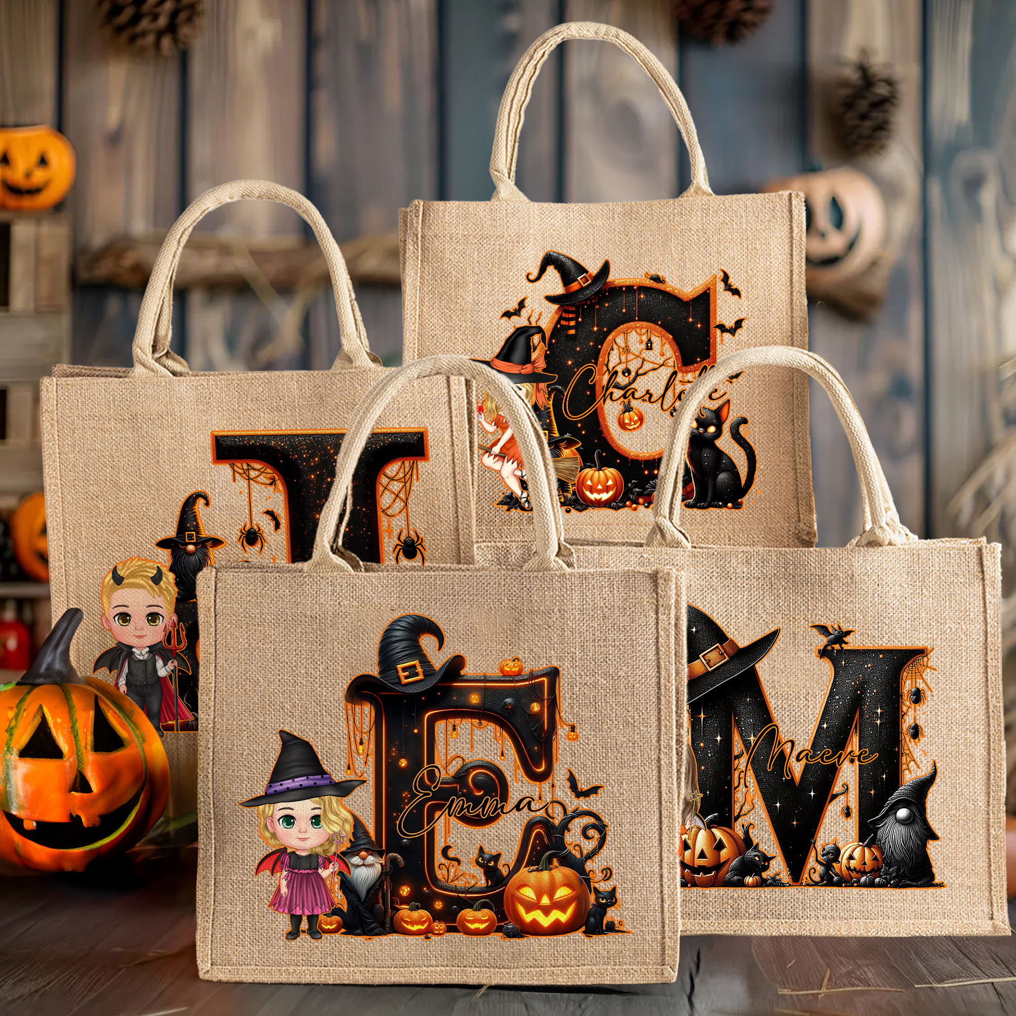 Personnalisé Cartoon Witch Vampire Character Large Jute Tote Bag with Initial and Name Halloween Party Gift for Women Boys Girls