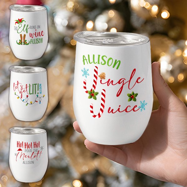 Personalised Santa Hat Sweets Cane Christmas Theme 12 oz Insulated Wine Tumbler with Lip and Name Home Decor Christmas Gift for Family Friend