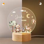 Personalized Cute Forest Animals Acrylic LED Night Light with Name and Wooden Base Nursery Decor Baby Shower Birthday Gift for Boys Girls