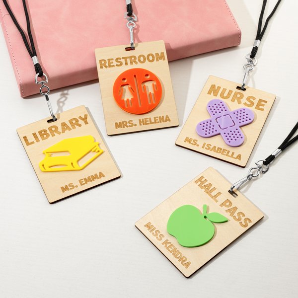 Personalised Cute Apple Book Design Wooden Hall Pass Lanyard with Text Teacher Supplies Back to School Gift for Teachers