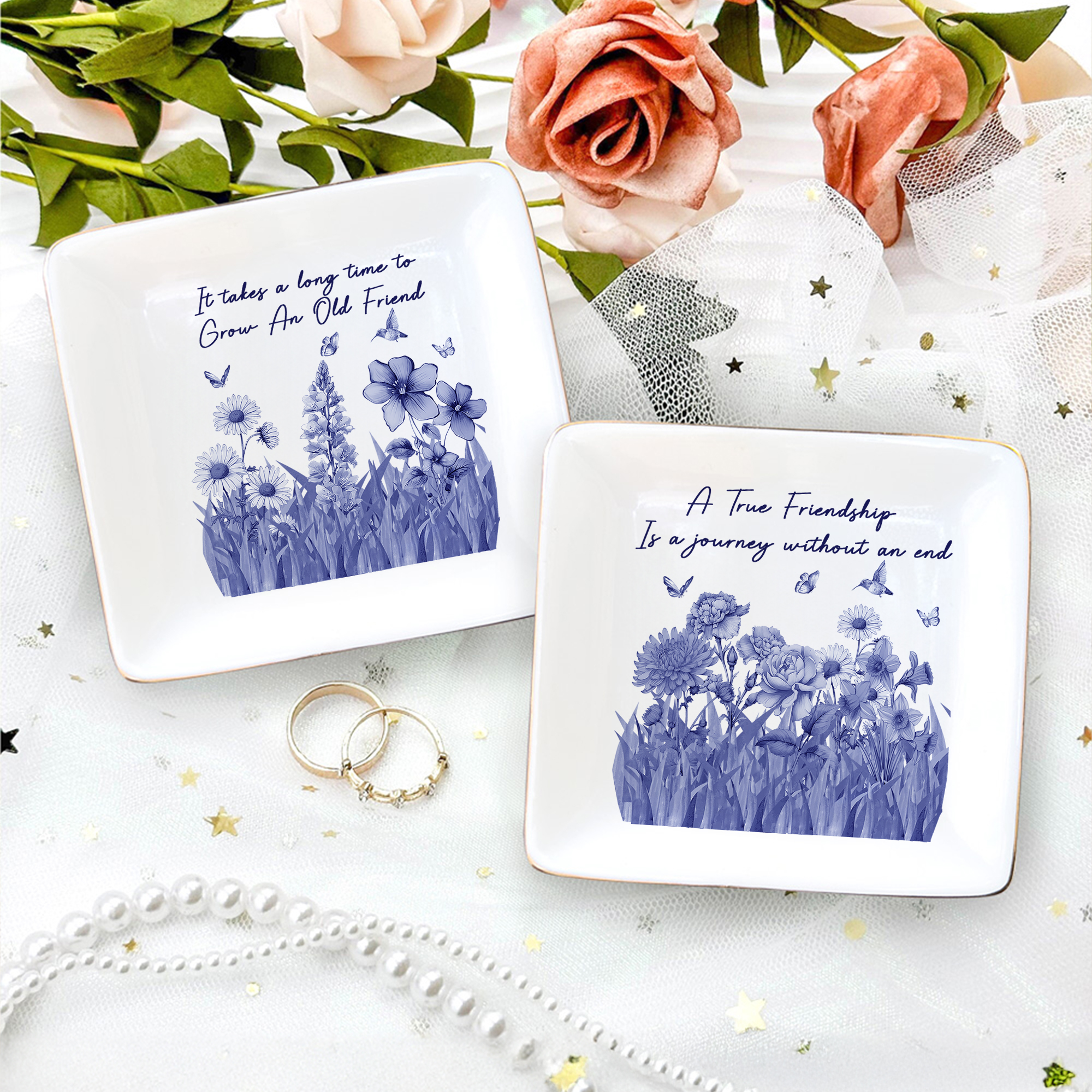 Personalizzato Toile De Jouy Purple Birth Flower Square Ceramic Trinket Jewelry Diship con titolo Birthday Friendship Gift for Besties Sisters Friends