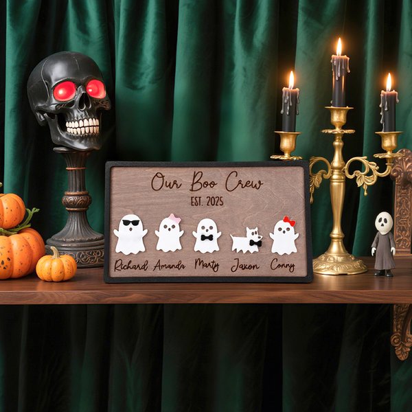 Personalised Our Boo Crew Ghost Family Halloween Wooden Sign with Name Year Home Decor Halloween Gift for Family Friends