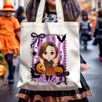 Personalized Cartoon Character Witch Pumpkin Reusable Canvas Tote Bag with Name Trick or Treat Halloween Party Gift for Boys Girls Women