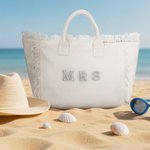 Sac à main en toile beige avec pompon et perle Personnalisé Lettre Rhinestone Mariage Douche de Mariage Lune de Miel Cadeau pour la Mariée