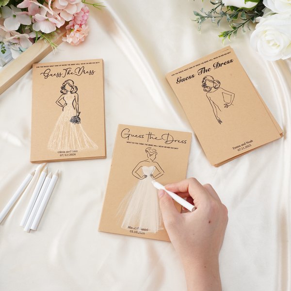 Personalized Guess the Dress Wedding Guest Game Card Set with White Pencil Name Date Bridal Shower Wedding Party Gift for Bride