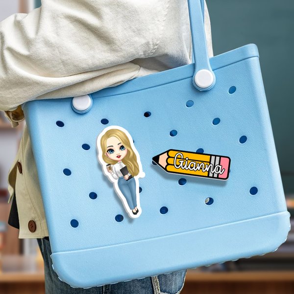 Personalised Cartoon Teacher Character Name Pencil Acrylic Bag Charm Accessories for Bogg Teachers' Day Birthday Back to School Gift for Women Teacher