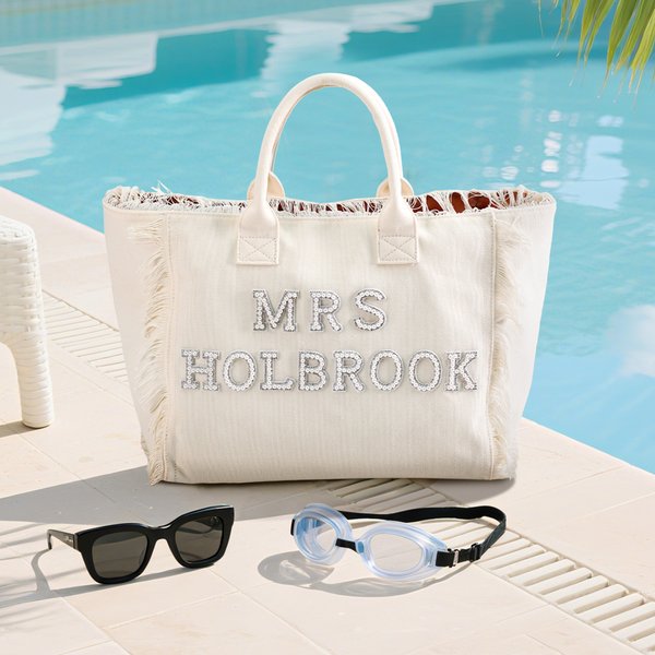 Personalised Pearl Rhinestone Letter Beige Canvas Tassel Tote Bag Wedding Bridal Shower Honeymoon Gift for Bride