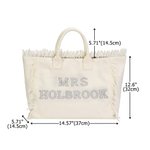 Sac à main en toile beige avec pompon et perle Personnalisé Lettre Rhinestone Mariage Douche de Mariage Lune de Miel Cadeau pour la Mariée