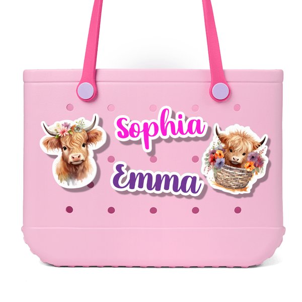 Personifierad söt Highland ko namn akryl väska charm tillbehör för Bogg Bag födelsedagspresent för vänner familj