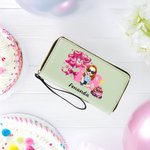 Personalized Birthday Cake Balloon Cartoon Girl PU Leather Zipper Wallet with Name Number and Wrist Strap Birthday Anniversary Gift for Girls Women