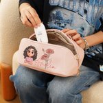 Personalized Cartoon Character Birth Flower Wide Opening PU Leather Makeup Bag with Name Travel Essentials Birthday Anniversary Gift for Women