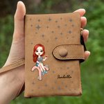Personalized Cartoon Character Zodic Tri-Folded Leather Name Wallet with Card Holder Wristlet Birthday Gift for Women Girls