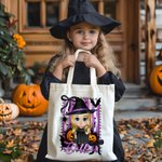 Personalized Cartoon Character Witch Pumpkin Reusable Canvas Tote Bag with Name Trick or Treat Halloween Party Gift for Boys Girls Women