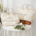 Sac à main en toile beige avec pompon et perle Personnalisé Lettre Rhinestone Mariage Douche de Mariage Lune de Miel Cadeau pour la Mariée