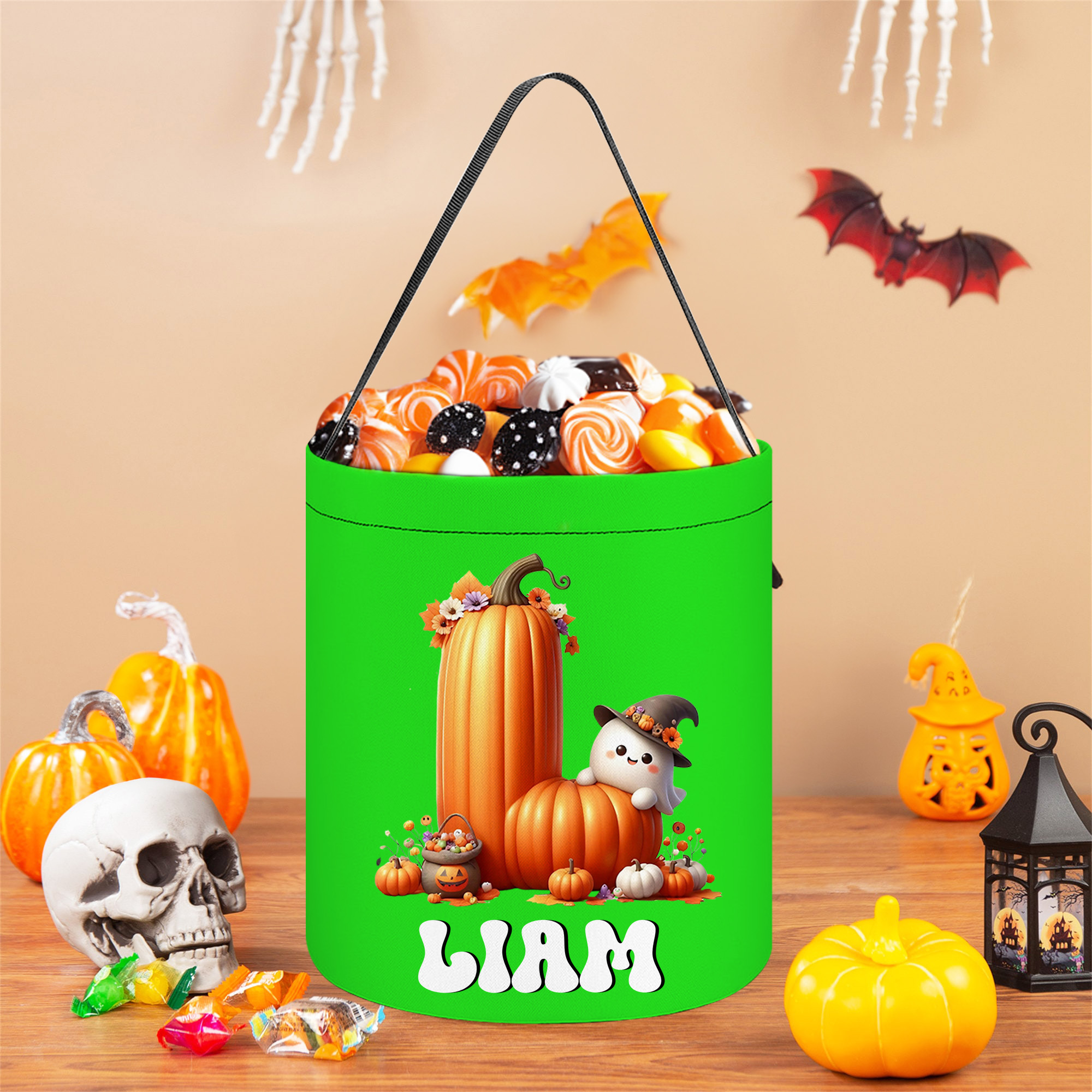 Panier à bonbons personnalisé avec initiales et nom pour Halloween Fantôme Citrouille Activité Halloween Fête Cadeau pour Garçons Filles