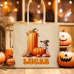 Personalized Halloween Ghost Pumpkin Initial Jute Bag with Name Halloween Party Travel Accessories Birthday Gift for Boys Girls