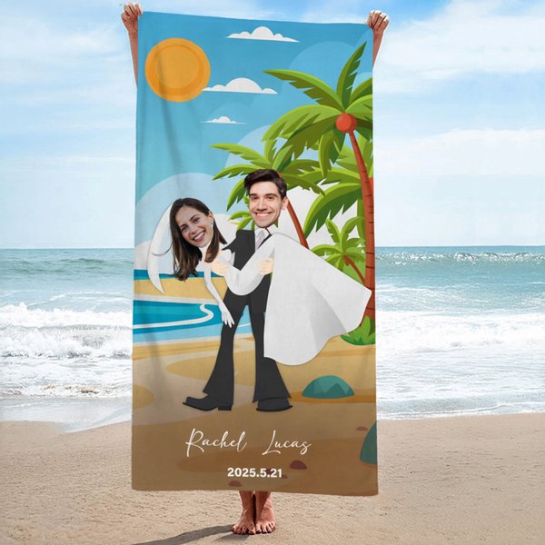 Personalized Summer Beach Cartoon Couple Quick Dry Oversized Beach Towel with Face Photo and Name Wedding Travel Honey Moon Gift for Newlywed Couple