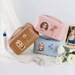Personalized Cartoon Character Birth Flower Wide Opening PU Leather Makeup Bag with Name Travel Essentials Birthday Anniversary Gift for Women